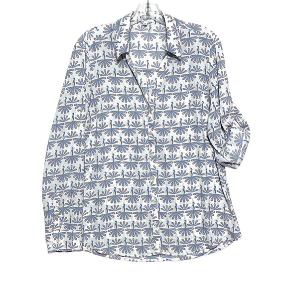Express Peacock Portofino Slim Fit Button Shirt Womens L Retro Boho Whimsy Birds - Picture 1 of 7